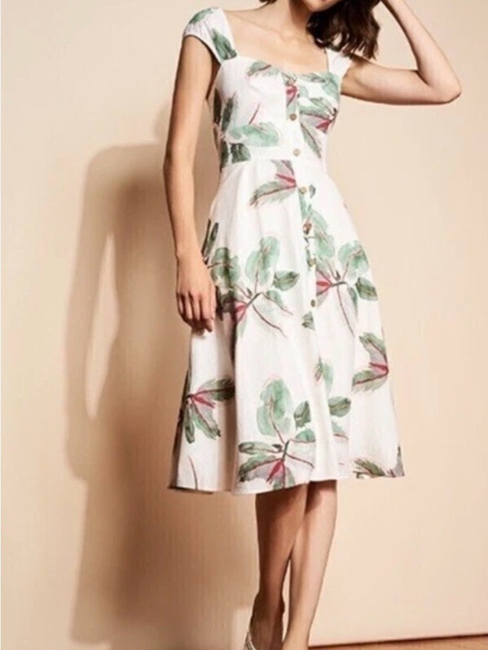 Hutch White Midi Dress with Green and Pink Leaf Print size 4